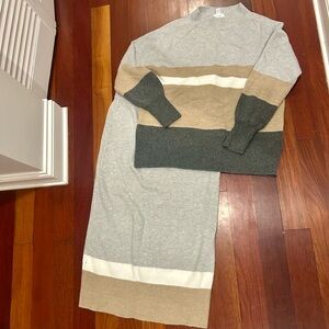 Striped Knit Sweater & Skirt Set in Gray, Taupe, Cream